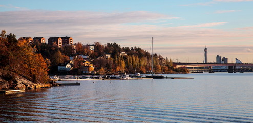Naklejka premium Stockholm skyline on sunset