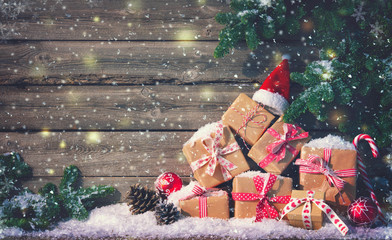 Christmas background with decorations and gift boxes