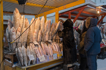 The coldest street market on earth is located in the city of Yakutsk / Russia /. Frozen fish and meat will be sold in this market.