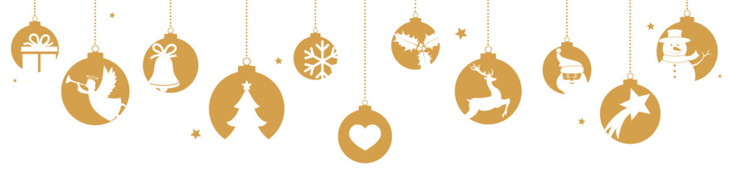 Christmas banner with hanging golden balls and stars