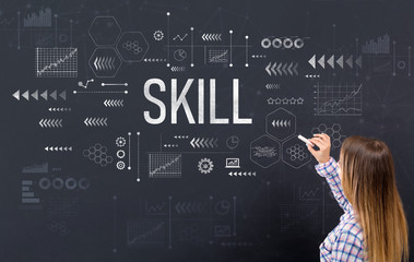 Skill with young woman writing on a blackboard