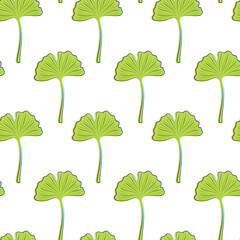 Seamless texture with green ginkgo leaves on a white background