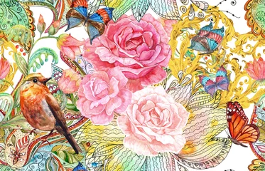 nahtloses muster der mode mit ausgefallenen blüten und vogel. Aquarellmalerei © Aloksa