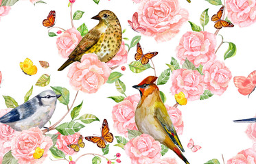 elegance seamless texture with birds on roses bush on white background. watercolor painting