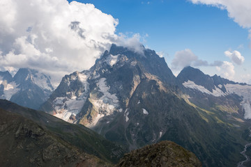 Fototapeta premium Closeup view mountains scenes in national park Dombai, Caucasus, Russia, Europe