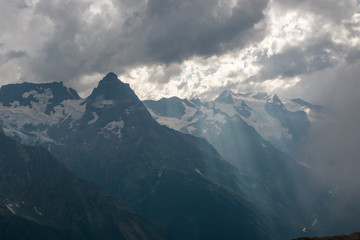 Closeup view mountains scenes in national park Dombai, Caucasus, Russia, Europe