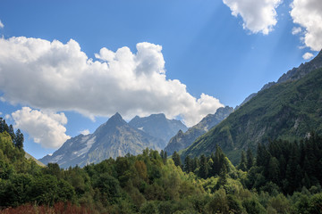 Closeup view mountains scenes in national park Dombai, Caucasus, Russia, Europe
