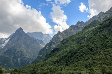 Fototapeta premium Closeup view mountains scenes in national park Dombai, Caucasus, Russia, Europe