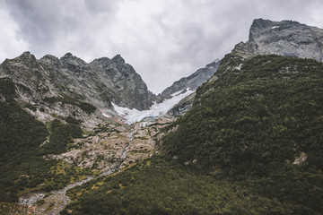 Fototapeta na wymiar Closeup view mountains scenes in national park Dombai, Caucasus, Russia, Europe