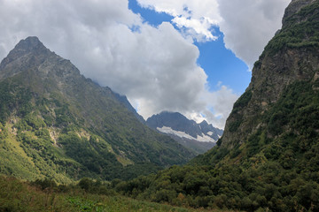 Closeup view mountains scenes in national park Dombai, Caucasus, Russia, Europe