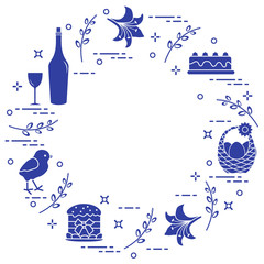 Different Easter symbols arranged in a circle: simnel cake, chick, lily, baskets, eggs and other.