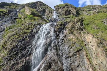 Closeup view waterfall scenes in mountains, national park of Caucasus, Russia