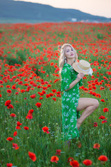 Obraz na płótnie Canvas A handsome girl with long hair and natural skin, standing in a fiel of red poppies and holding a red poppy in hands, on nature landscape background. Horizontal view.