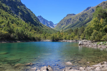 ake scenes in mountains, national park Dombai, Caucasus, Russia, Europe