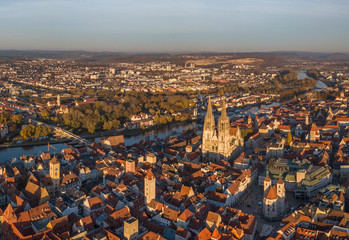 Fototapeta premium Aerial view of the medieval center of Regensburg
