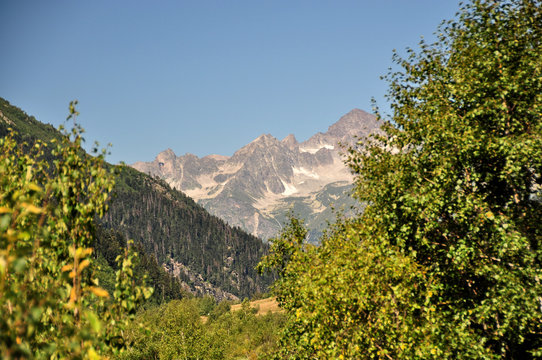 Closeup mountains scenes in national park Dombai, Caucasus, Russia