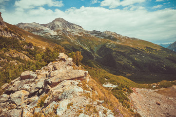 Closeup mountains scenes in national park Dombai, Caucasus, Russia