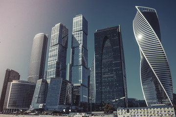 Fototapeta na wymiar Closeup panorama of international business Russian Center in Moscow city