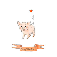 Hand drawn naughty pig. Cute funny piglet and love ribbon isolated on white background. Romantic Collection Illustration.