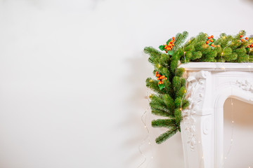 Christmas fireplace decorated, gifts. The idea for postcards. Place for text. Isolated