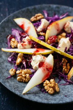 Red Cabbage Salad with Pears, Walnuts, Vegan Blue Cheese and Asi