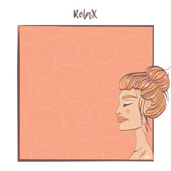 Vector card with a graphic image of a girl face. The theme of yoga and relax.Trendy card. 