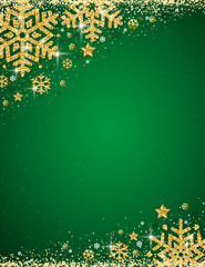 Green christmas background with frame of gold glittering snowflakes, vector illustration