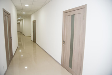 Empty office corridor with many doors of light wood