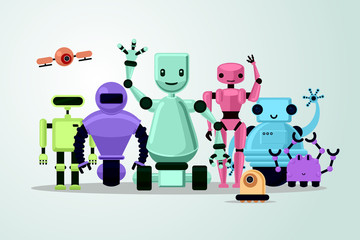 Group of cartoon robots on white background. Cyborgs, androids and drone. Vector illustration.