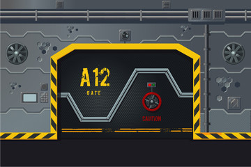 Futuristic spaceship wall with door. Game design level concept. Sci-fi background. © ne2pi