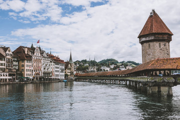 Panoramic view of city center of Lucerne with famous Chapel Bridge
