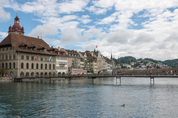 Panoramic view of city center of Lucerne and river Reuss.