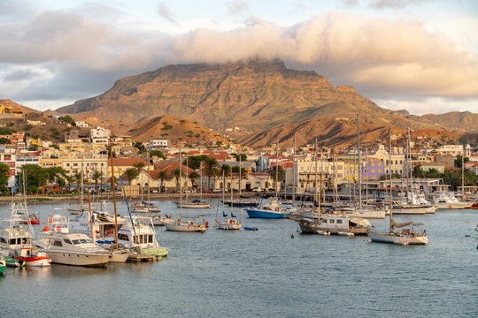 View on the harbor of Mindelo at dusk