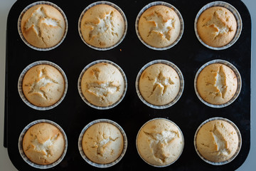 A young girl cooks in her kitchen. Bake cupcakes