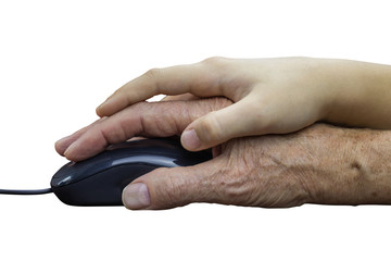 Children help old people to master the computer. Isolated