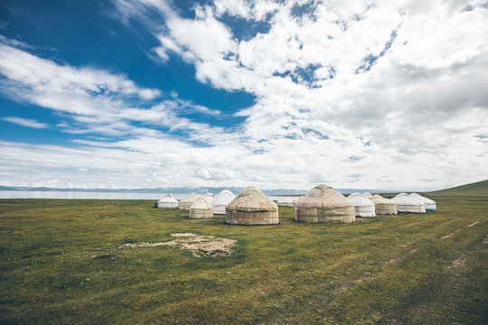 yurts at songkul lake in kyrgyzstan
