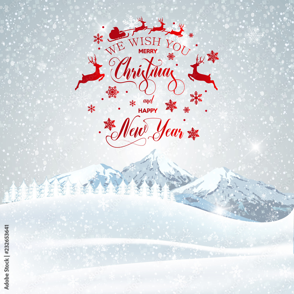 Sticker merry christmas and happy new year inscription decorated with red snowflakes and santa claus on the 