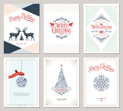 Elegant vertical winter holidays greeting cards with New Year tree, doves, reindeers, snowflake, Christmas ornaments and ornate typographic design.