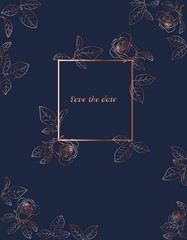 Gold design frame with roses. Save the date card. Vector illustration.