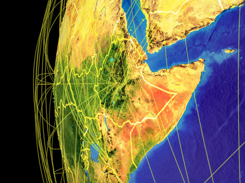 Horn Of Africa From Space On Planet Earth With Lines Representing Global Communication, Travel, Connections.