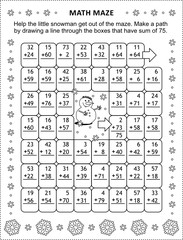 Math maze with addition facts: Help the little snowman get out of the maze. Make a path by drawing a line through the boxes that have sum of 75. Winter and holidays themed.