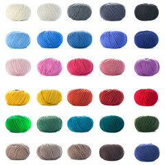 collection of wool knitting on white background