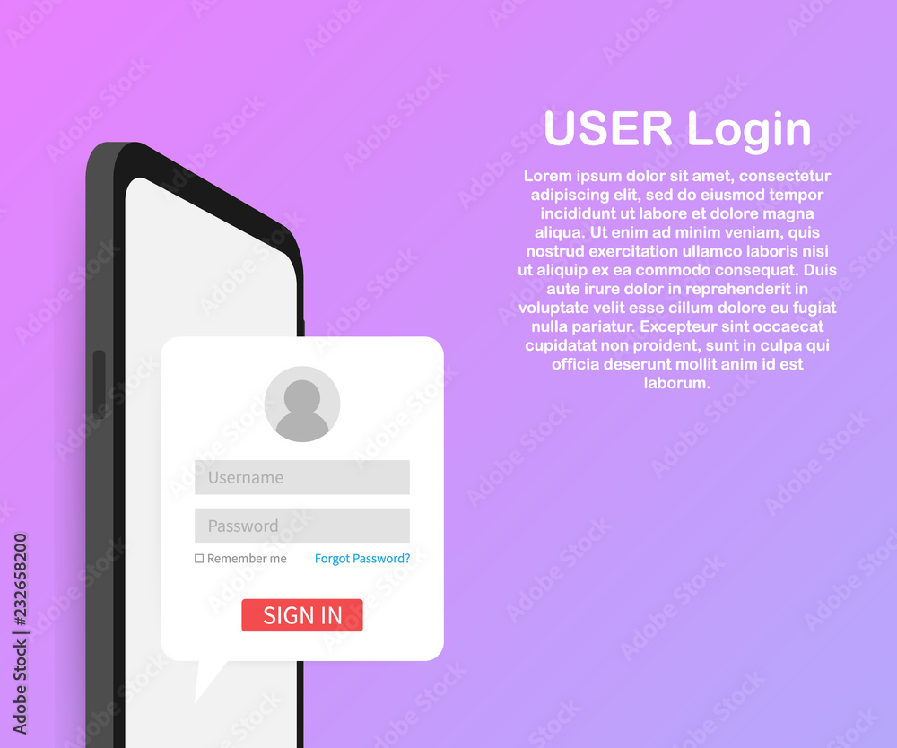 Poster clean mobile ui design concept. login application with password form window. vector illustration.