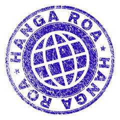 HANGA ROA stamp print with grunge texture. Blue vector rubber seal print of HANGA ROA label with dirty texture. Seal has words placed by circle and globe symbol.