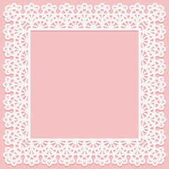 Square frame with lace pattern on edge on pink background. Silhouette is suitable for laser cutting