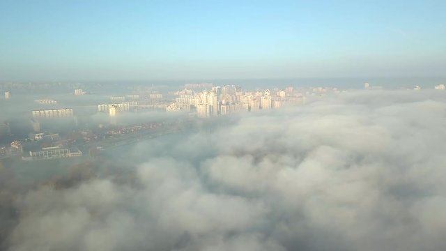 Aerial view of Obolon district in the fog, Kyiv, Ukraine