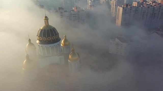 Aerial view of Obolon district in the fog, Kyiv, Ukraine