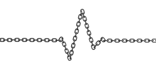 3d rendering of a single chain making a shape of a heartbeat ECG shape on a white background.