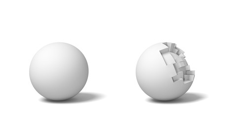 3d rendering of two isolated white round balls standing near each other, one whole and another half-broken.