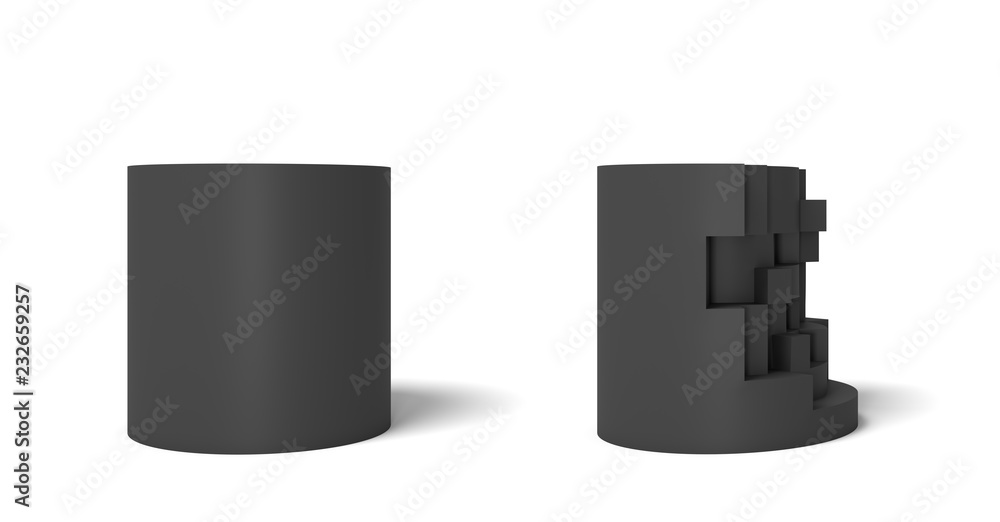 Poster 3d rendering of two isolated black cylinder one perfect and whole and another half broken.